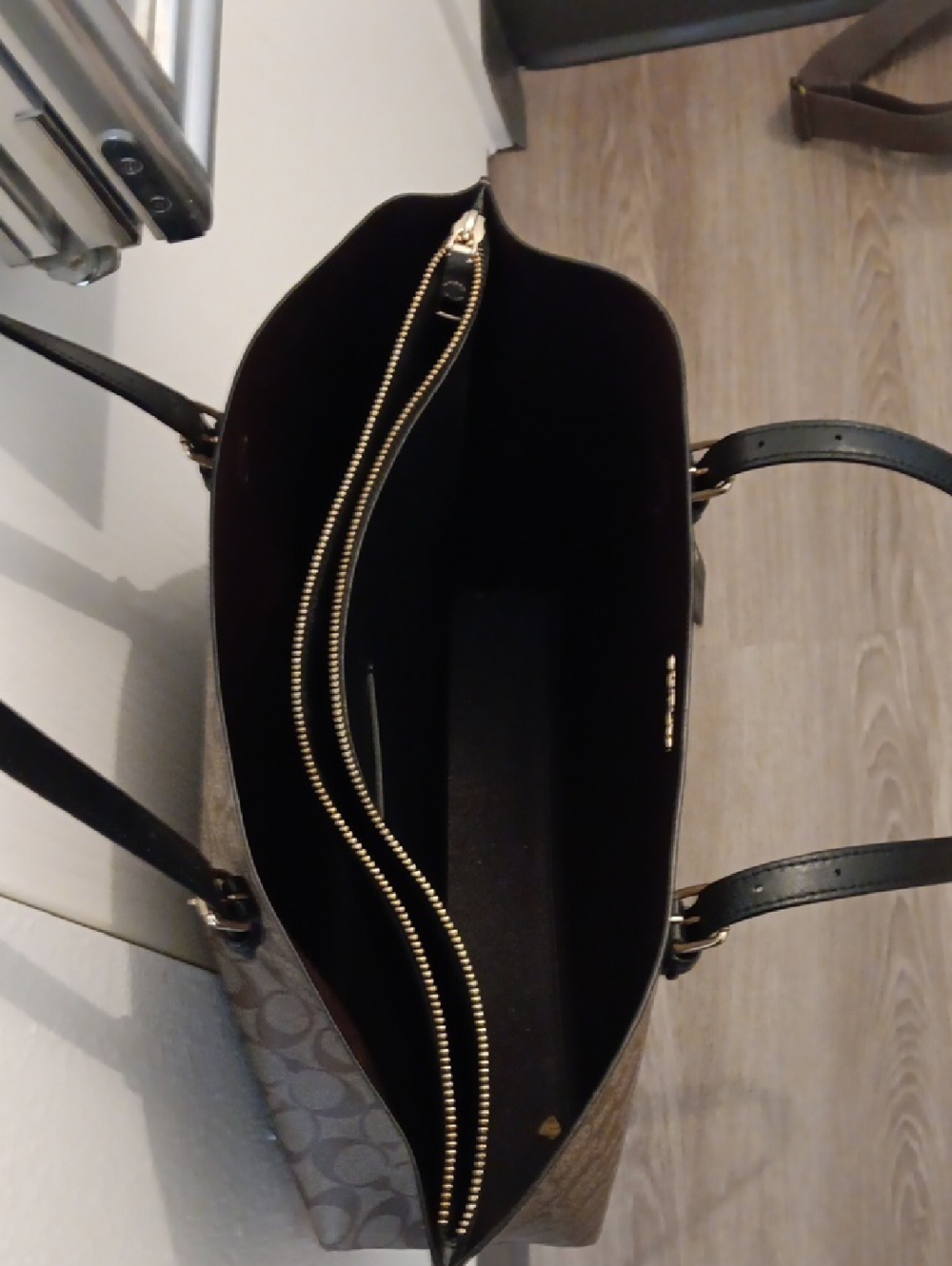Coach Brown Signature Canvas Tote with Black Leather Trim and Gold Hardware